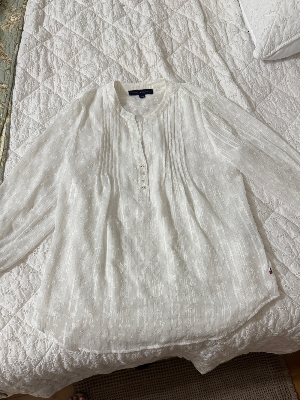 Tommy Hilfiger White Pintuck Swiss-Dot Henley Blouse